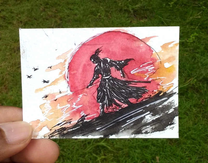 ACEO Original Watercolor Painting Samurai Warrior Red Sun Japan Art OOAK