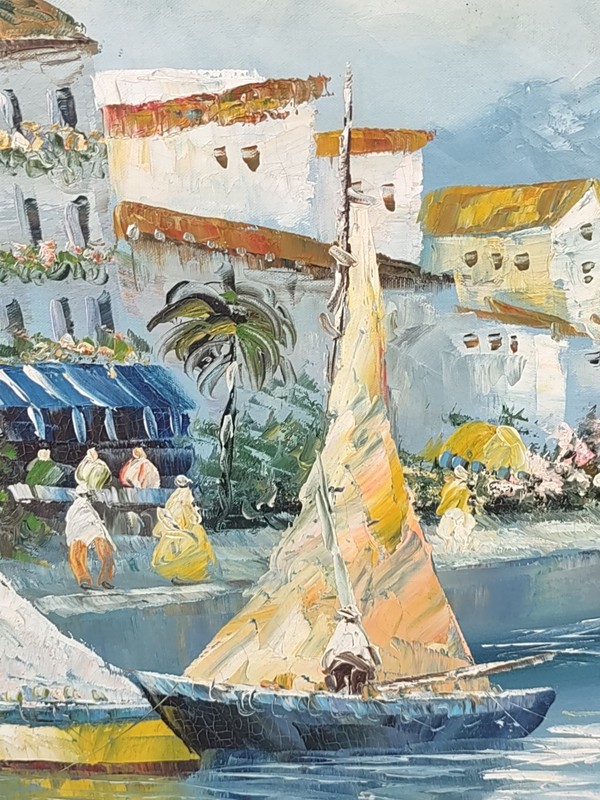 Impressionist Seascape Seaside Town Scene OOAK Painting On Canvas By Brown gallery