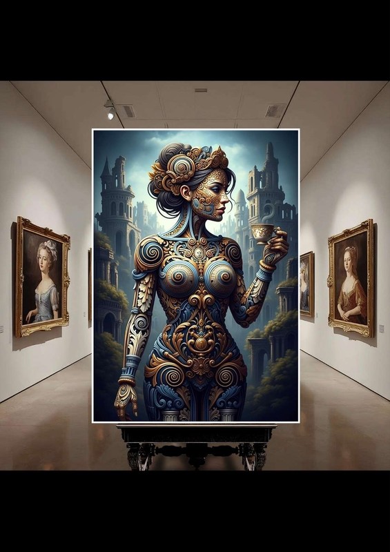 A work of art on canvas, a woman in architecture and ornamentation 59 x 84cm