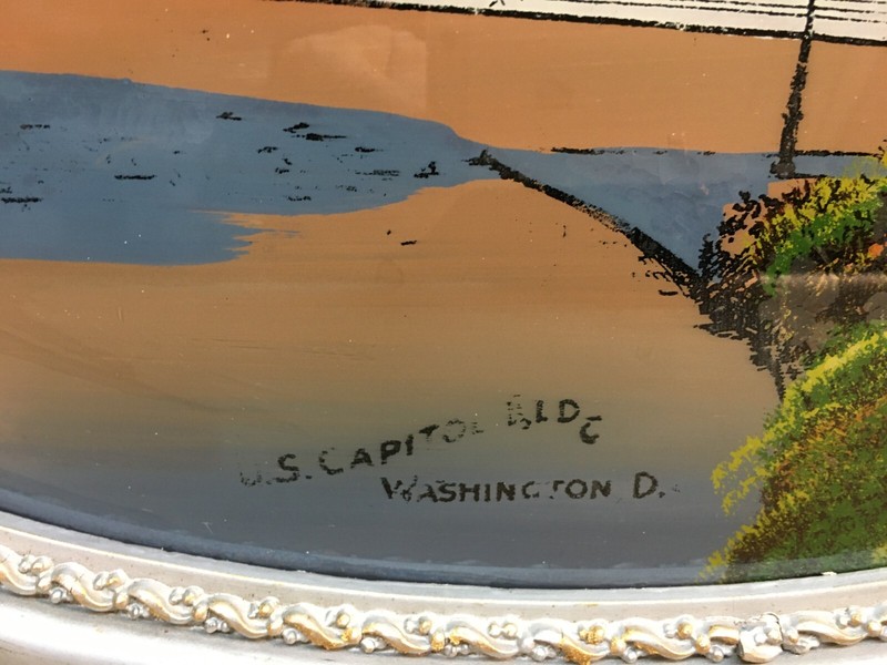 Vintage 1940s Oval Bubble Glass Frame Reverse Painting US CAPITAL BUILDING gallery