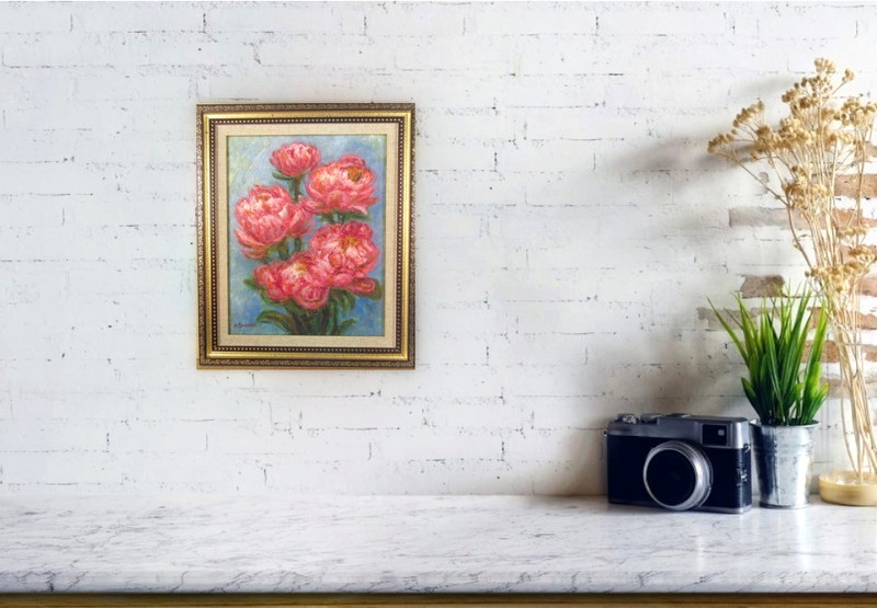 Signed Original Oil Painting Impressionist Flowers Red Peony Framed Art Handmade gallery