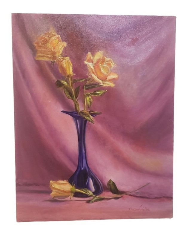 Original Oil Painting Yellow Flowers In Blue Vase Signed Corbelletta