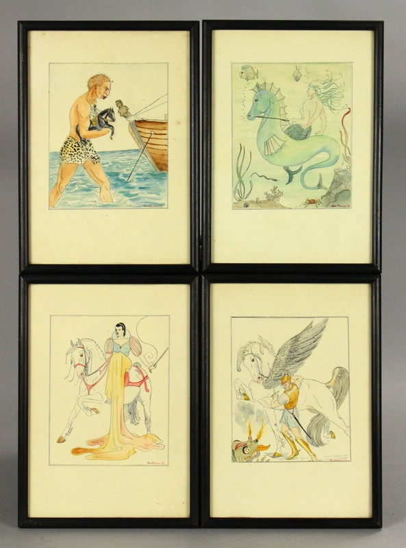 = Jean Bowman (1918-1994) Set of 4 Watercolors, Mythology Fairy Tale Scenes 1933