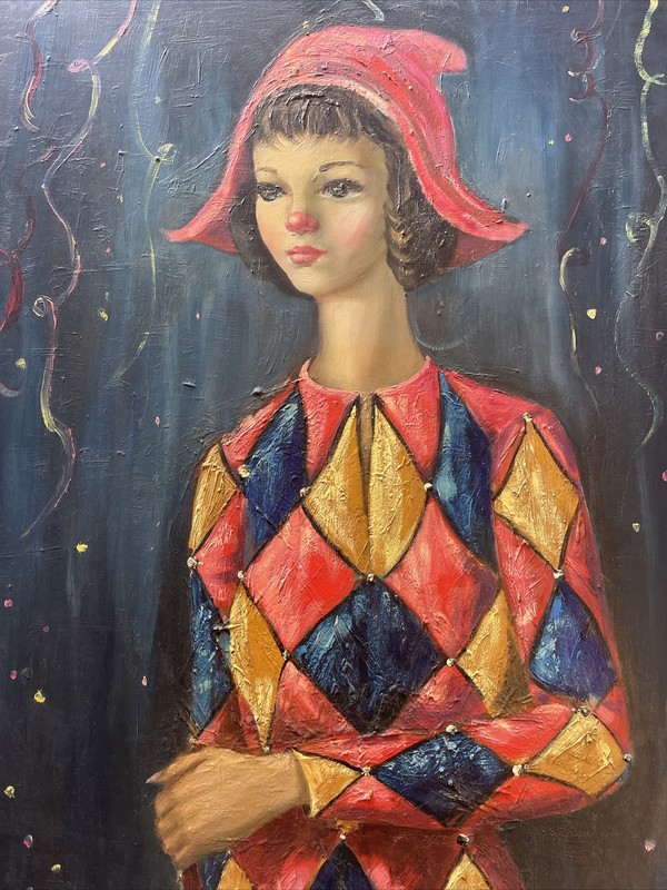 Mid Century Portrait Painting Expressionism Pretty Woman Jester 30” Modernism gallery