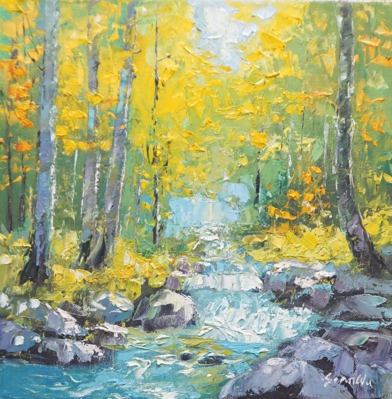 Sean Wu original oil painting, 12×12 on stretched canvas，forest stream