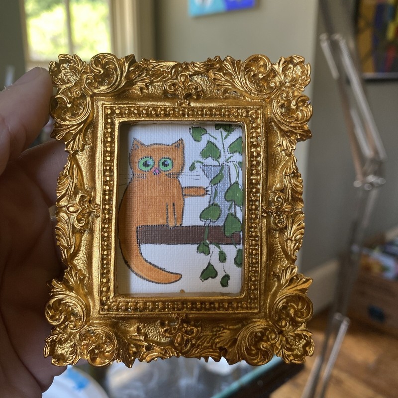 3/3,5 Ginger Cat And Plant, Painting On Paper,framed,cute,funny,miniature,