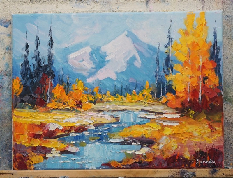 Sean Wu original oil painting, 12x16 on stretched canvas, fall stream gallery