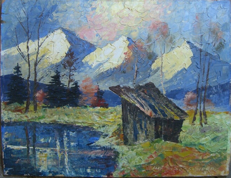 ::LUIS HENDSCHLER ALPINE LAKE HUT EVENING MOONLIGHT MEADOW AUTUMN ANTIQUE SIGNED