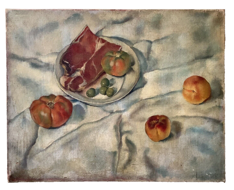1920's Antique STILL LIFE with Ham Oil Painting - MYSTERY French Painter gallery