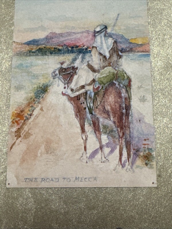 ORIENTALIST LANDSCAPE PAINTING ANTIQUE 1910'S SMALL ROAD TO MECCA MAN ON CAMEL gallery