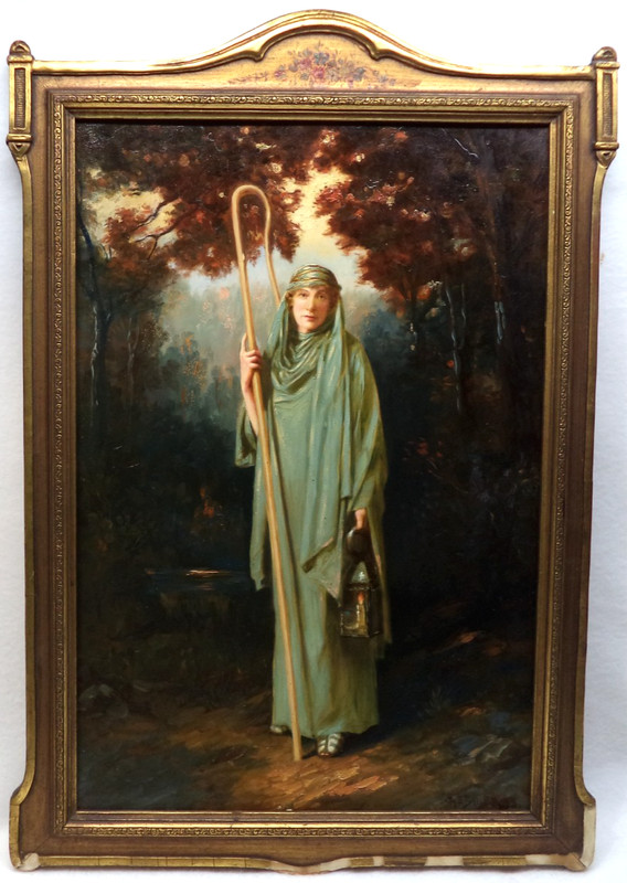 Antique Oil Painting In Gilt Gesso Frame Shepherdess In Forest Signed GEBAUER 33