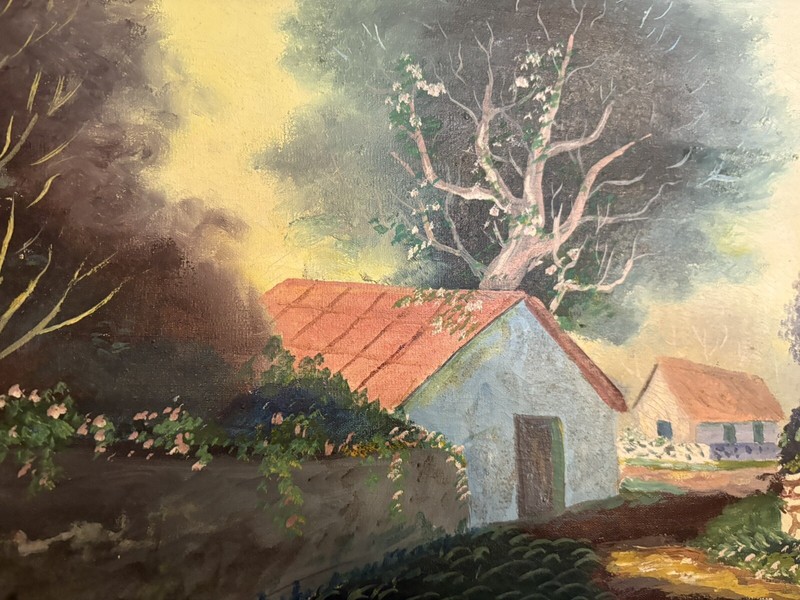 ~Charming Antique Naive (?) Oil On Canvas Painting Landscape Cottages 20 X 22 gallery