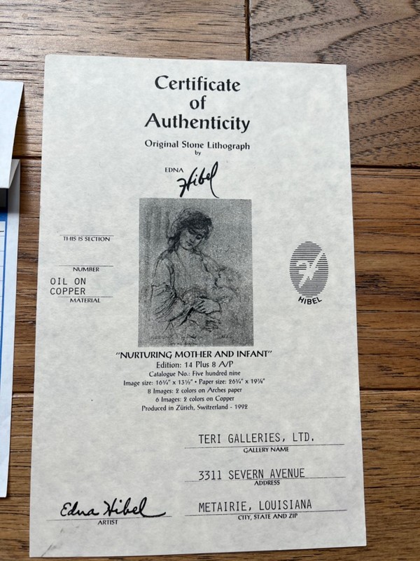 Edna Hibel~Very Unique Lithograph on Copper w/ Oil~No Edition!~Signed~Framed+COA gallery