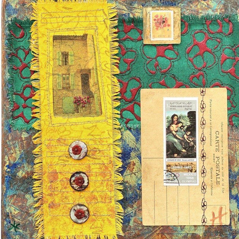 Red Flower Fantasy – Original Art Mixed Media Collage Signed Painting 10”x10”