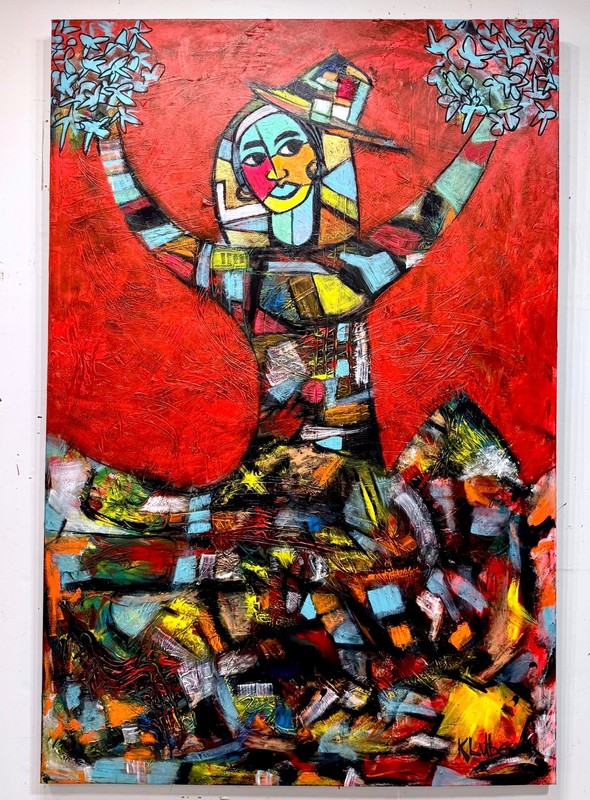 Listed Artist Karl Lubbering Original Oil Painting «Chica Cheerleader» 4ft x 6ft