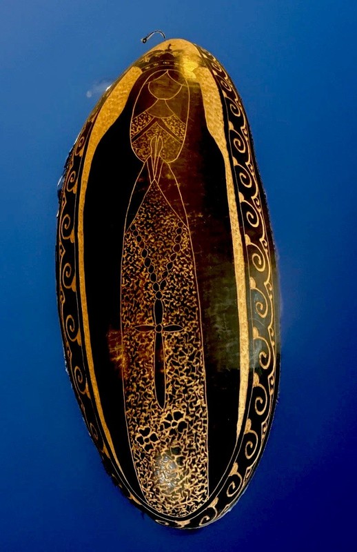 Carved Gourd Art Religious Lady Guadalupe Hand Painted 17”x6” Mother Mary gallery