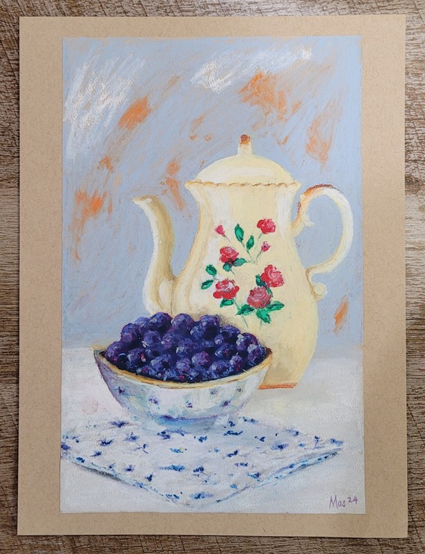 Pastel Painting Teapot Blueberries, Original Still Life, Paper 7 x 11 Inches
