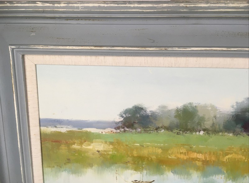Oil Painting Stretch Canvas 32 13/16”W x 28 13/16”H Landscape Boat Grass-Angela gallery