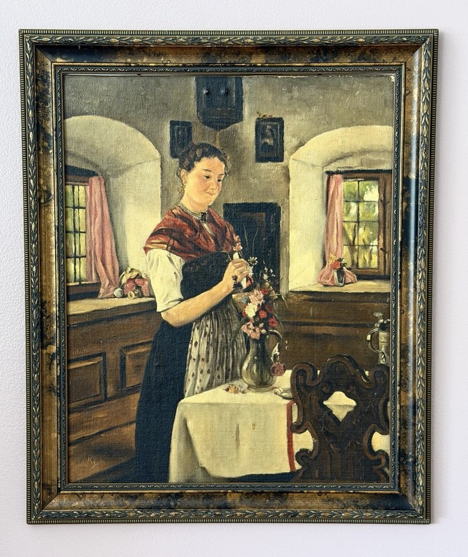 Early 1900s ORIGINAL European SIGNED 'KS' Rural Interior Genre Scene Oil FRAMED gallery