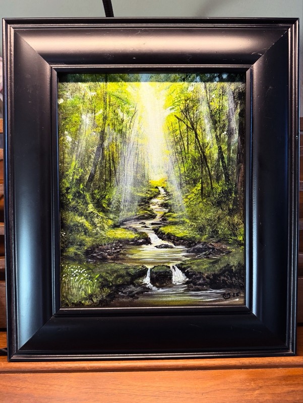Framed original Acrylic Painting on Canvas – Forest Stream Nature Scene, Small gallery