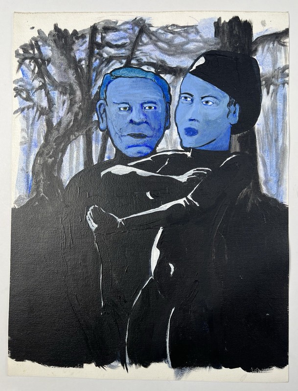 1990s Acrylic On Canvas Outsider Painting Blue Figures In Black Forest 16×12”