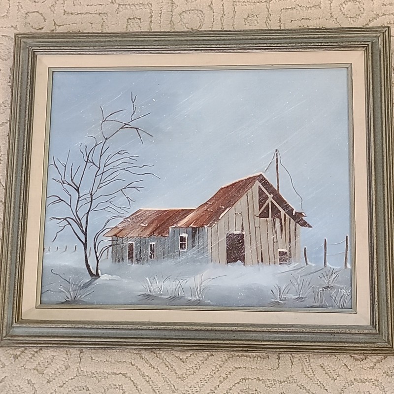 Winter Scene Country Barn Tree Snow Framed Painting 25×21 in Signed Jenny May