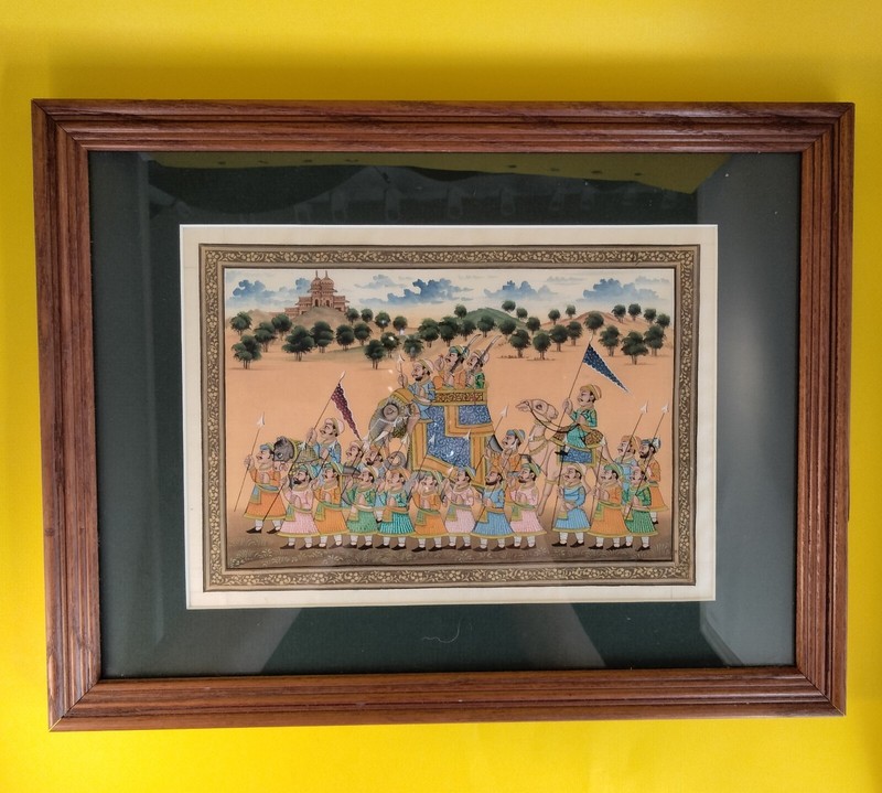 Vintage Framed East Indian Hand Painted on Silk Royal Procession Painting