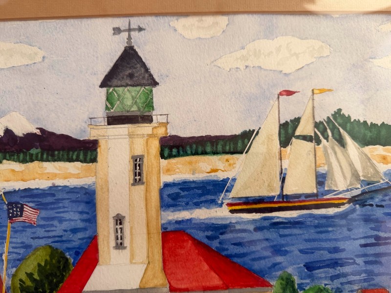 Two Naive Folk Art Landscape Watercolor Paintings Lighthouse Horse Cart, Boat gallery