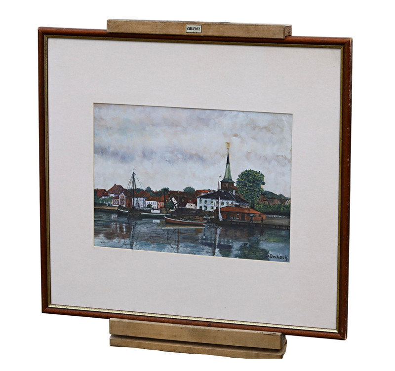 Watercolor Painting on Paper, Signed, Framed: Harbor City Church by Water