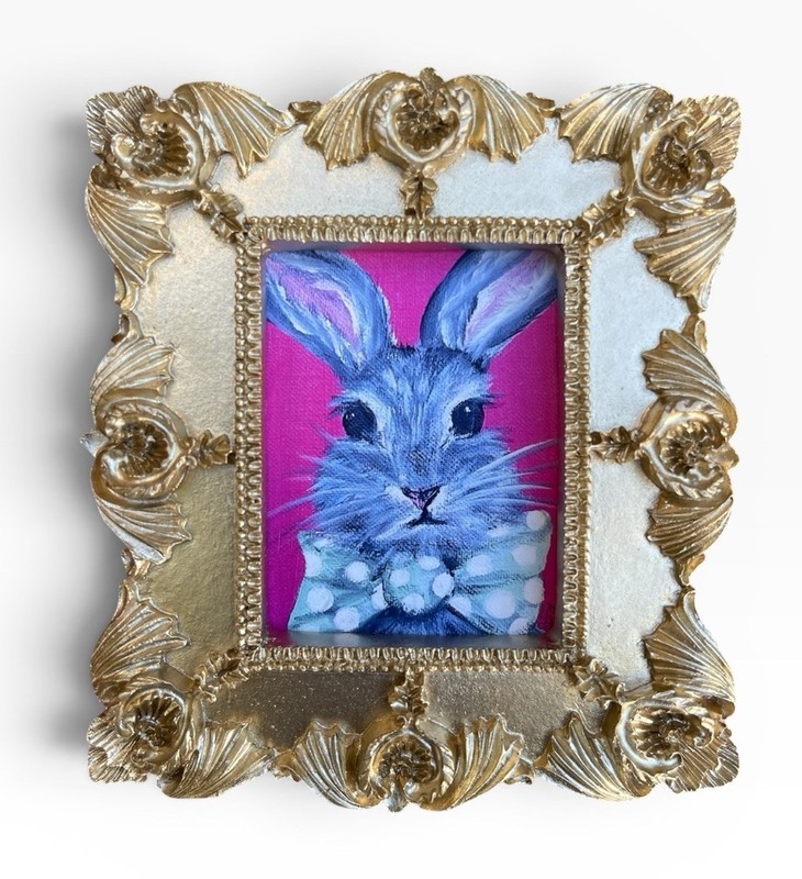 Bunny Rabbit Bow Tie watercolor print in mini gold vintage style ornate frame