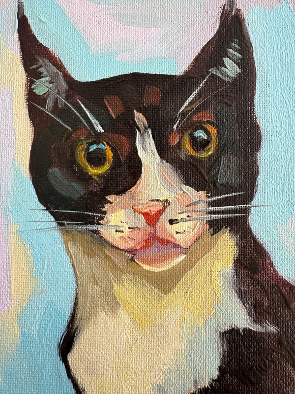 Tuxedo Cat Oil painting Signed Collectible Animal Pet fine Art Decor on Canvas