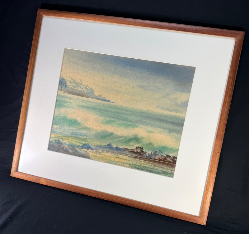 Vintage Hawaiian Coastal Watercolor Painting in Koa Frame unsigned