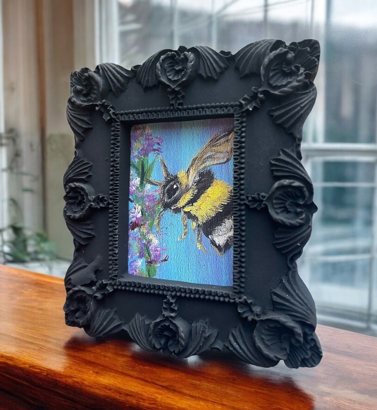Bumblebee & Lavender mini watercolor print in black vintage style ornate frame gallery