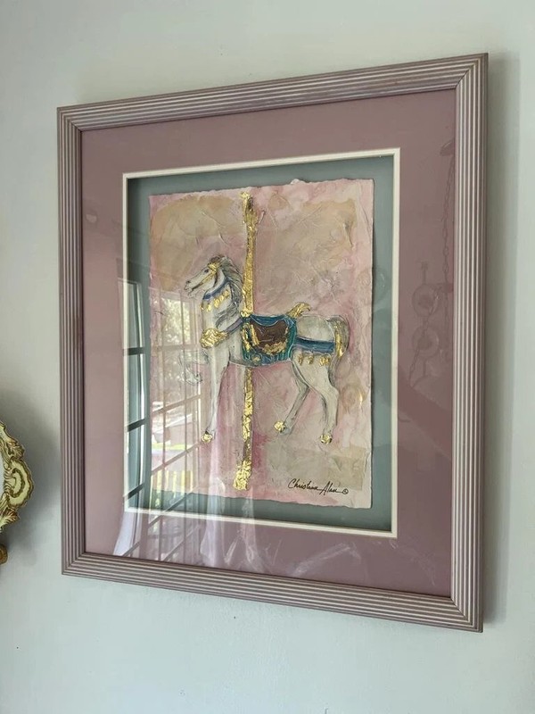 Pair of Original Art Work Carousel Painting Horse Signed Kids Room Pink Gold Dec