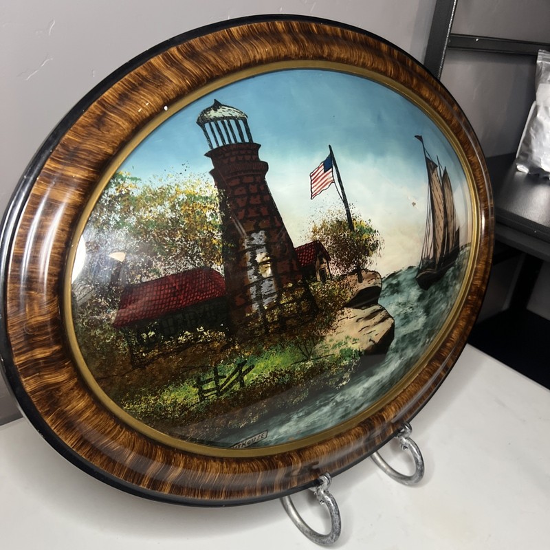 Antique Oval Reverse Painting Bubble Glass Tiger Wood Frame Victorian Era gallery