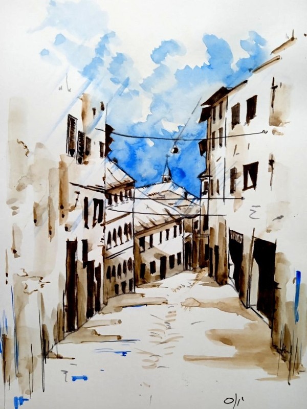 Watercolor hand painted signed URBINO Italia painting art on cardboard 20x30cm