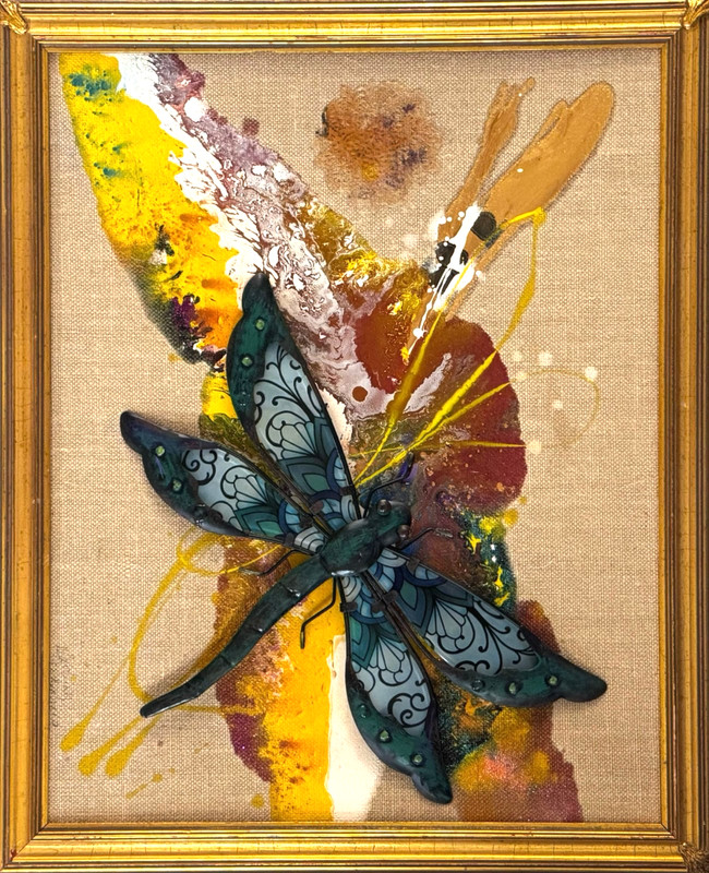 Dragonfly Abstract on Burlap Board Framed Signed Mixed Media Art Painting 16×20