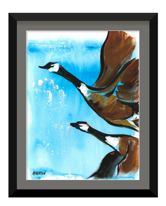 Atherton 9×12 Original Abstract loose Acrylic Painting «Pair of Geese 2» signed