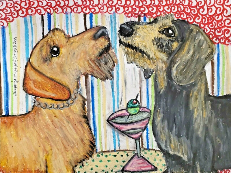 Wirehaired DACHSHUND drinking Martini Original 9×12 Pastel Painting Artist KSams