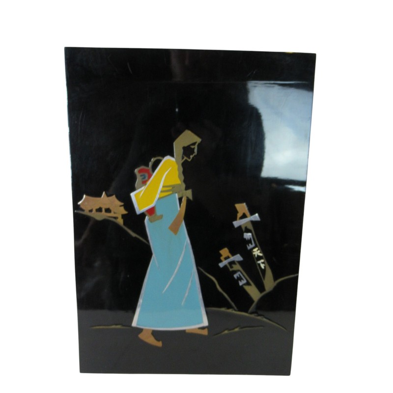 Vintage MCM Japanese Black Lacquer Art Panel Inlaid Mother of Pearl Mother Child
