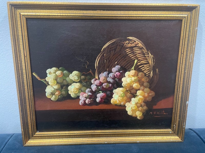 Manuel Ventura Millán Original Oil Painting basket of grapes Wood Signed Framed