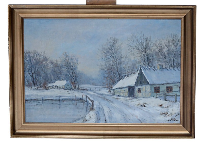 Rasmus Sørensen Dorf in Winter Snow Farmhouse Oil Painting with Frame (OOAK)