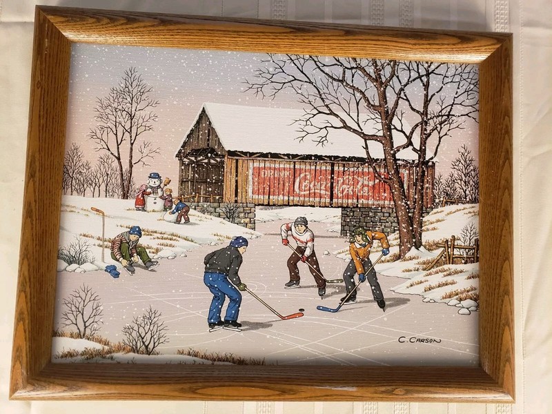 Coca Cola Art Oil Canvas Carson Wood Frame Playing Hockey Building Snowman Repr