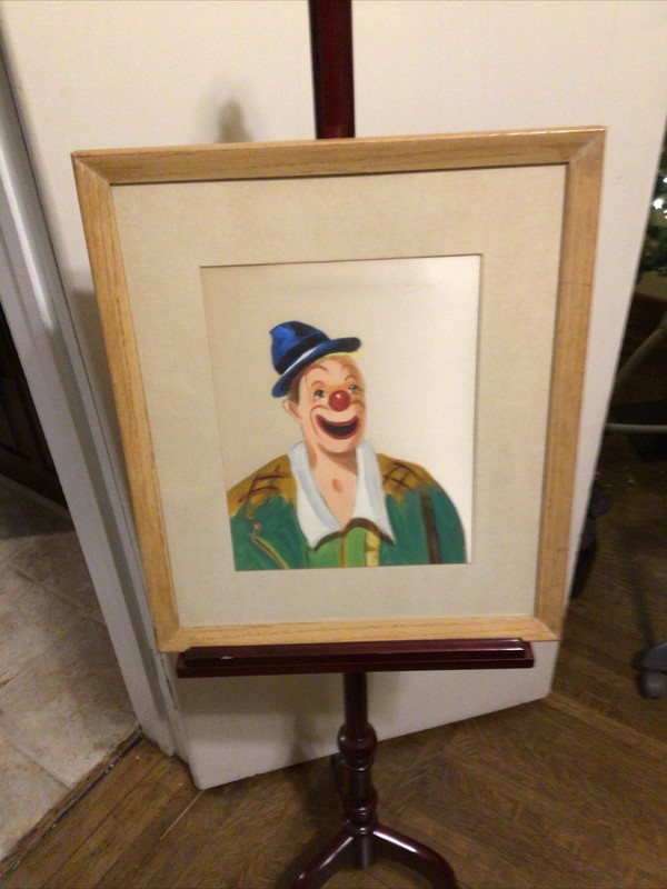 Vintage 20x17in Framed Original Handpainted Oil On Satin Clown Painting