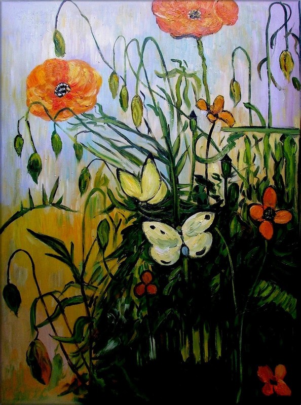 Van Gogh Poppies and Butterflies Repro 2, Hand Painted Oil Painting 30x40in