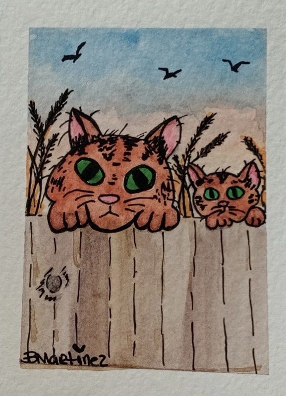 aceo original painting Two Cats On Fence “Howdy Neighbor”