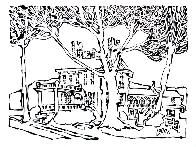 Larry Lerew ink drawing impressionism collectible original mansion house COA