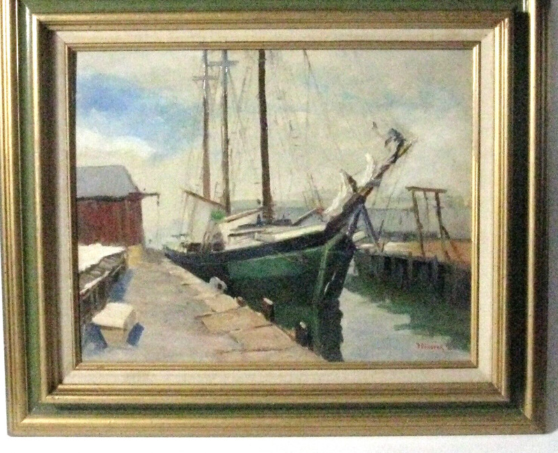 Boat Docked Harbor Paul Beaden Hudder Orig. Oil on Board 27.5 x 23.5 1897-1991