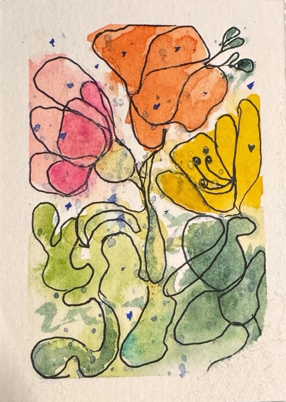 ACEO Original Watercolor & Ink Abstract Garden Flowers by Mary Barton Kbug.Art
