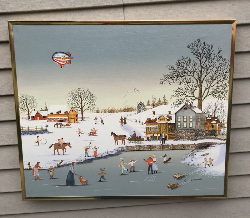 Vintage Signed C.Carson Ice Skating & County Fair On Canvas Framed